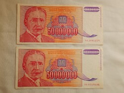 Papírpénz 057 - Jugoslavija 50 000 000 dinara 2db egyben 1993