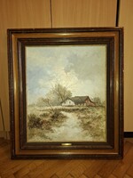 Scott: Vidéki tanya, festmény, olaj, vászon, 61x51 cm+keret, réz táblácskával, 82x72 cm keretméret