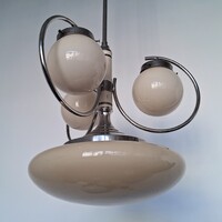 Art Deco - Bauhaus 3-arm - 4-bulb Nickel-plated Chandelier Restored - Cream-colored Shades