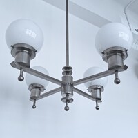 Art Deco - Streamline 4-Arm Nickel-Plated Chandelier - Milk Glass Globe Shades