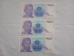 Papírpénz 043 - Jugoslavija 50 000 dinara 3db egyben 1993