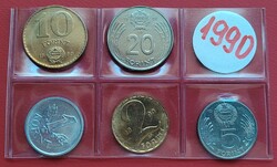 1990 Hibás kiadású, verdefényes Forint sor, köztársaság körirat és népköztársaság címer.