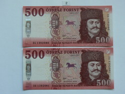 2 pcs Serial Numbered Rákóczi 500 Forint 2018 UNC banknotes