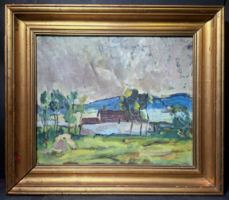 Kis István (1931-): Halásztanya - olajfestmény 60x50 cm + keret - Felhős utcakép, falurészlet