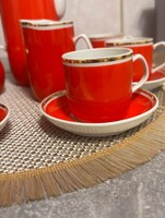 Retro Hollóházi porcelán kávéskészlet / mokkás készlet (piros-arany)