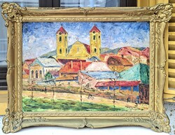 Kapácsy Jenő: Mediterrán város biciklizőkkel, 1930 körül (olajfestmény)