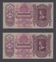 2x 100 Pengő 1930(44) SORSZÁMKÖVETŐ (aUNC-, aUNC) (csillagos)