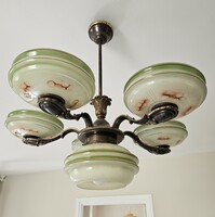 Antique Art Deco 5+1 Arm Copper Chandelier with Green Glass Shades