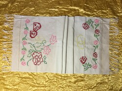 Beautiful Antique Cross-Stitch Handicraft Linen Long Runner with Heart Rose Motif Wedding Trousseau