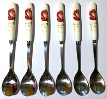 Szép porcelán nyelű rózsa virág inda mintás 6 db-os desszertes teás kanál kiskanál készlet