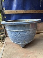 Japanese glazed ceramic pot / bonsai dish – cobalt blue, rope pattern rim with legs
