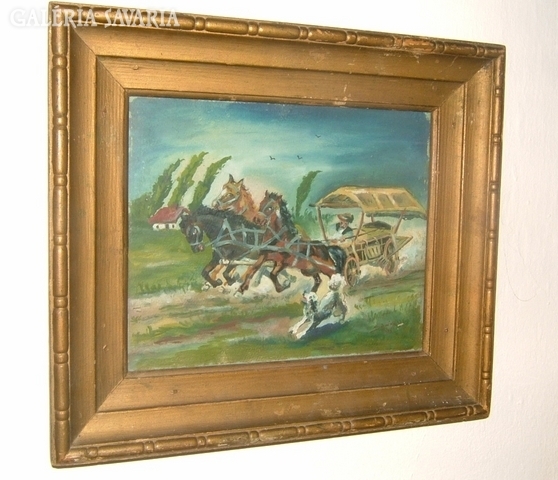 Antik jelzett olaj /fa festmény: kutya kergette kocsi - Ismeretlen alkotó - szignózott