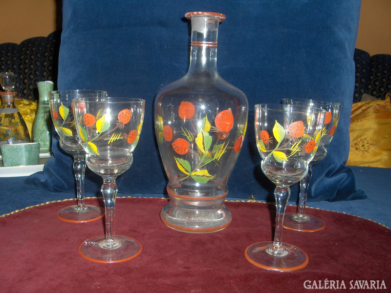 Old hand-painted strawberry wine set - one carafe, four glasses