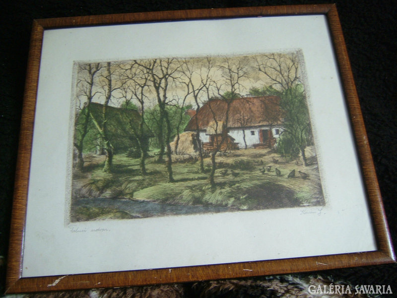 József Kovács - village yard - color etching