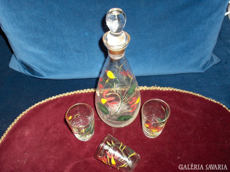 Retro wine set - one decanter, three glasses - hand painted glass