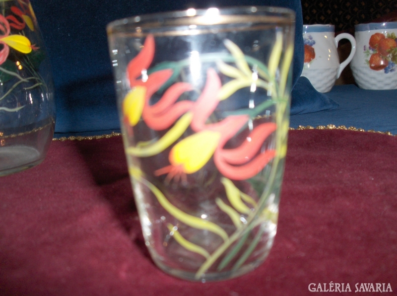 Retro wine set - one decanter, three glasses - hand painted glass