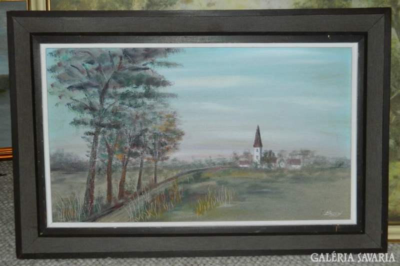 Quality marked painting: tower of a distant village