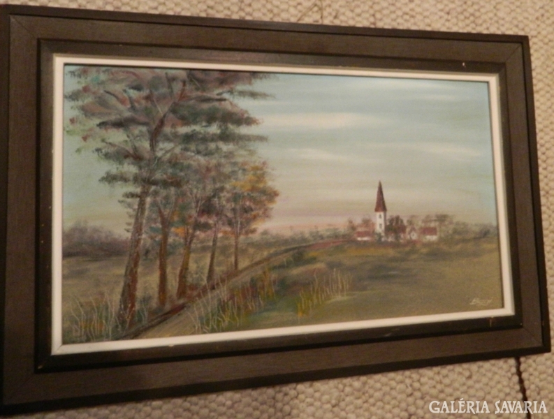 Kvalitásos jelzett festmény : Távoli falu tornya