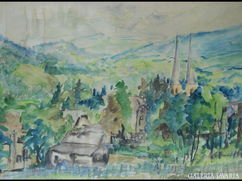 Y731 R1 Jelzett hegyvidéki tájkép akvarell