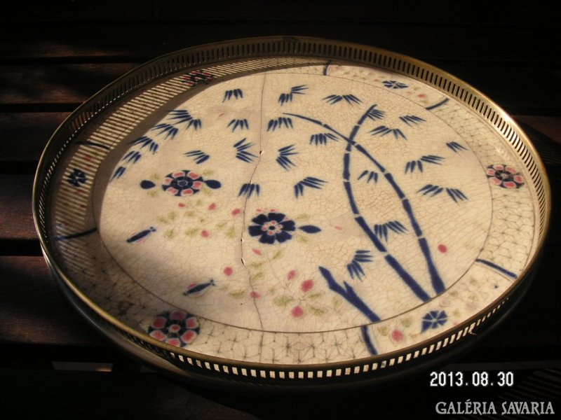 Zsolnay family stamped tray with bamboo pattern, metal handle