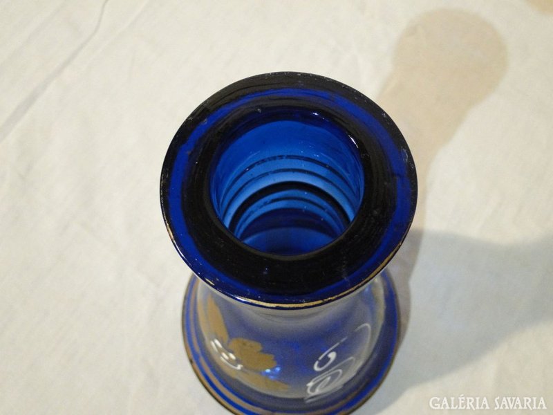 0696 Vastagfalú aranyozott kék üveg váza 26 cm