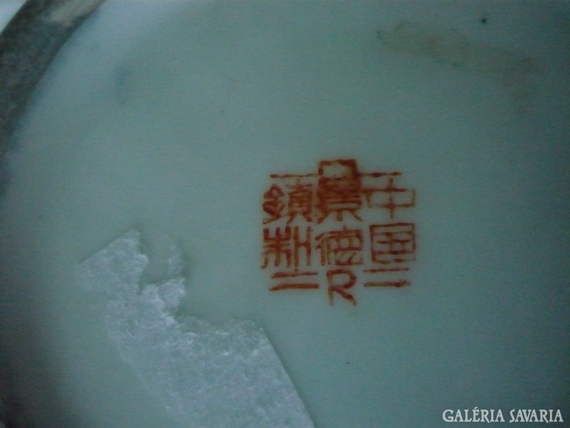 Kézzel festett Kínai fácános, pünkösdi rózsás porcelán edény piros pecsét váza fedeles doboz antik