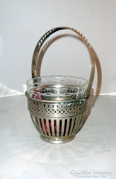 Ezüst szecessziós kosár csiszolt üveg betéttel