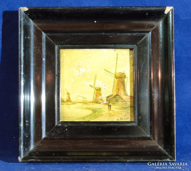 0C144 Antik kézzel festett holland csempe jelzett