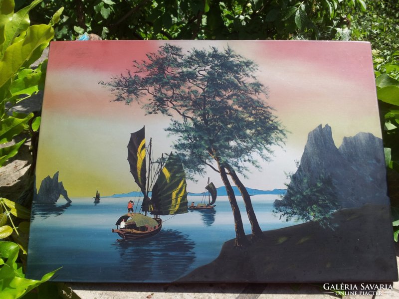 Sailboats in the bay, old Vietnamese tableau,