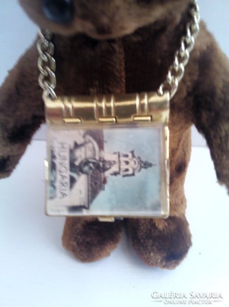 A nice old retro teddy bear with a small Hungarian book with pictures around his neck