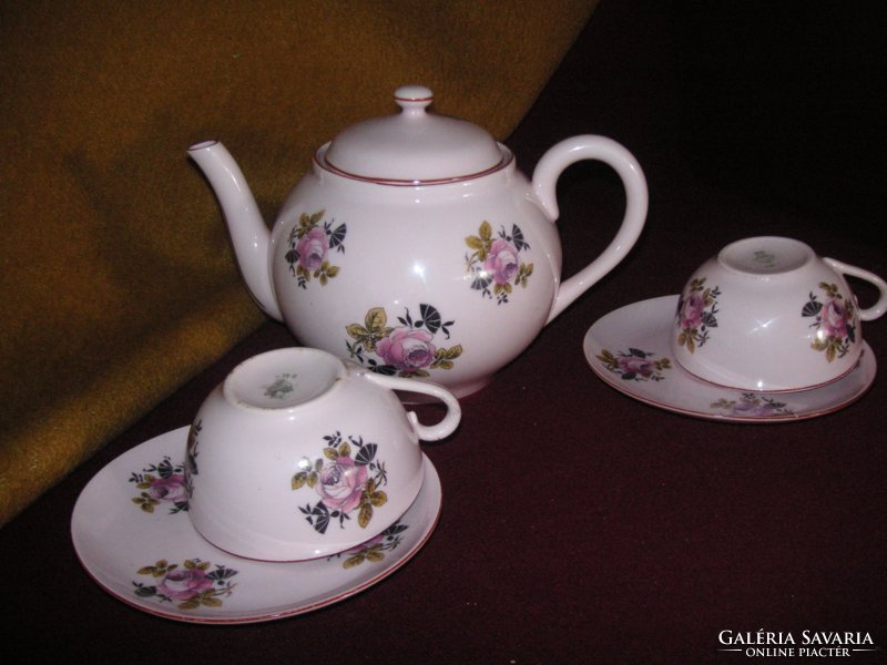 Zsolnay rózsaszín  teás kanna  és  két  db teás   csésze kis tányérral , pajzs jelzéssel