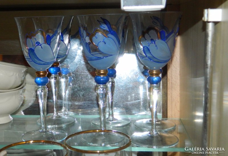 Csodás kézzel festett talpas üveg pohár készlet 6 db-os
