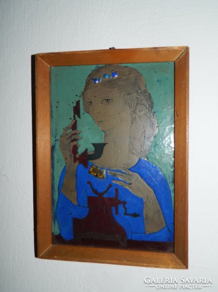 Art deco fire enamel image: woman with telephone