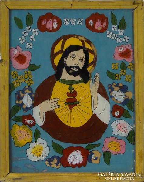 0E982 Antik erdélyi üveg ikon : Jézus Krisztus
