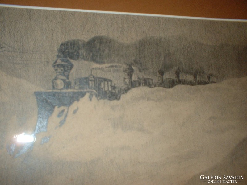 Antique 1910 mark. Lajos Dúl /1894-1966/ railway in Russian winter 1910 antique, graphic etc., with frame 28x42