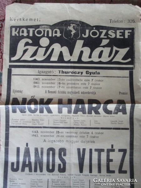 KECSKEMÉT KATONA JÓZSEF SZINHÁZ PLAKÁT 1943