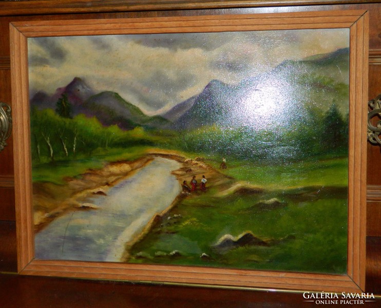 Quality oil/wood painting: river bank