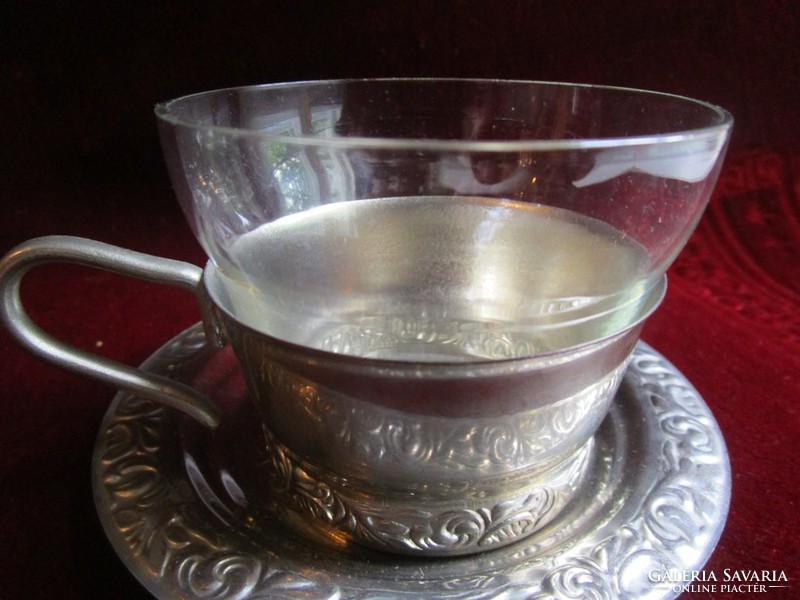 ART DECO üveg betétes fém teás csésze aljjal 4 db