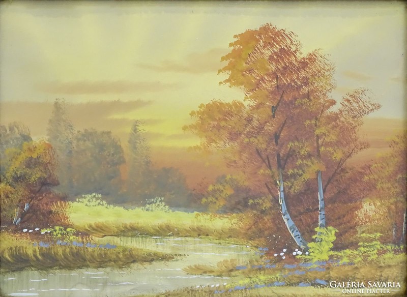 0G674 Keretezett akvarell őszi tájkép patakpart