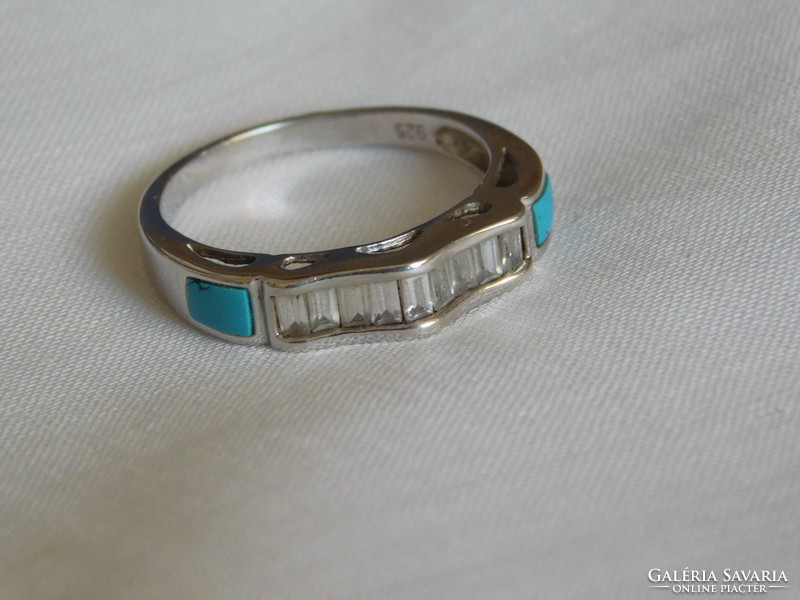 925 rhodium-plated women's ring with real turquoise and white topaz stones