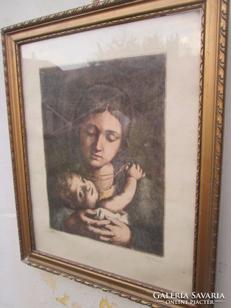 Etching of mother and child, czobel sign, in glass and frame