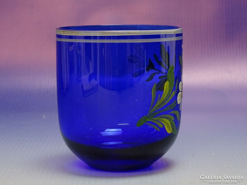 0I572 Régi kézifestett kék üveg díszpohár