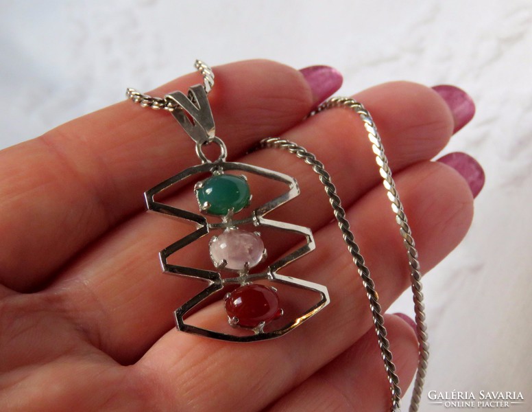 Modernist silver pendant with colored gemstones, silver chain