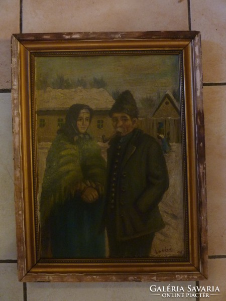 LADÁNYI IMRE: Falusi utcakép idős párral, 1937 (olaj-vászon 27x37) - Aba-Novák Vilmos tanítványa!