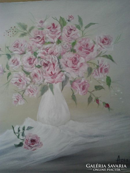 Rózsák fehér vázában c . festmény , csendélet