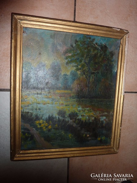 Virágzó vízparti táj, régi olaj-karton festmény