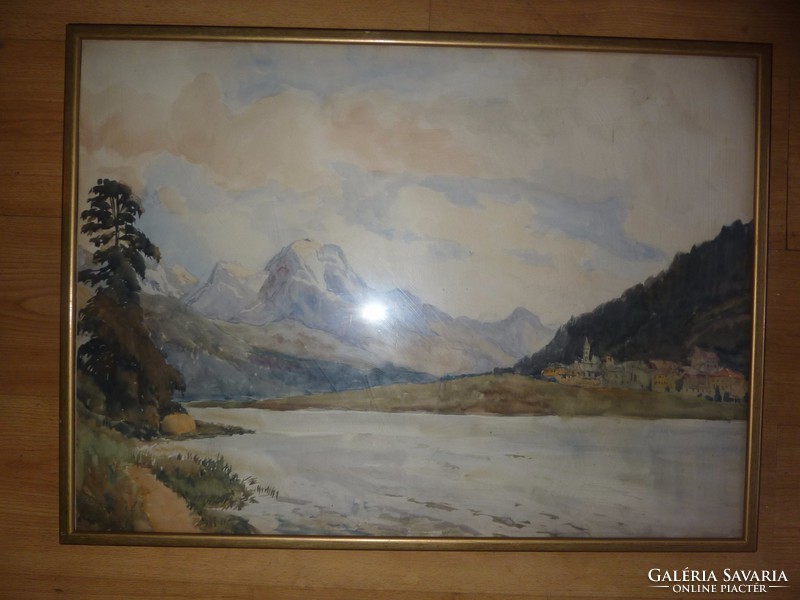 Vízparti falucska magas hegyekkel, akvarell