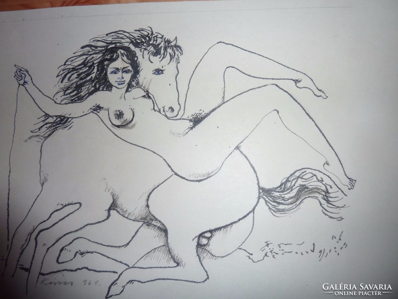 Marked Kovács 960: nude resting on a horse, ink drawing