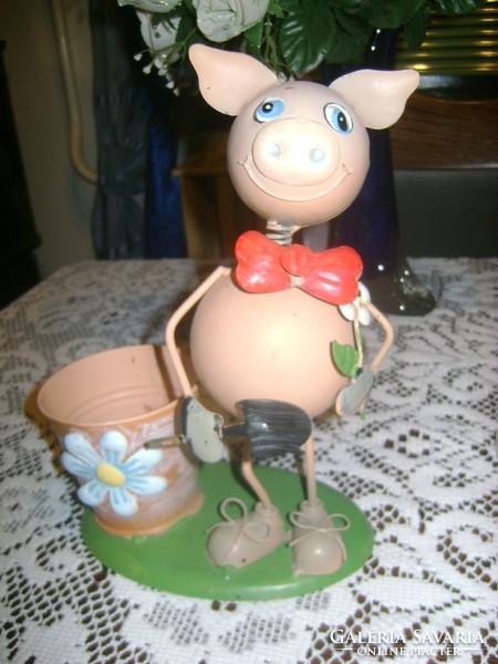 Flower stand, small pot with pig figure made of metal - the figure can be moved