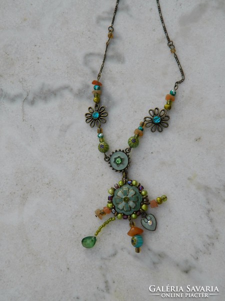 Necklace with blue pearls and fire enamel